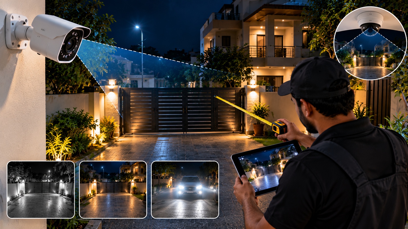 CCTV night vision camera installation and coverage at a residential gate